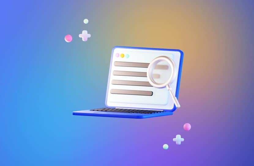 laptop with a magnifying glass, symbolizing search or analysis tasks.